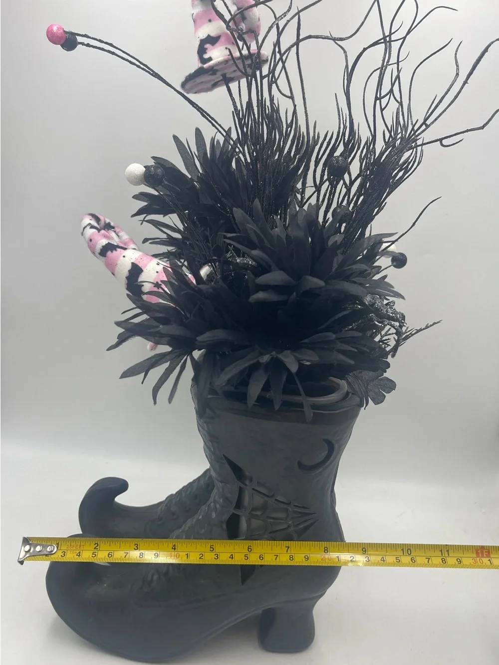 Gothic Halloween Centerpiece Witch Boots Plastic Vase w/Pink Hats & Faux Florals